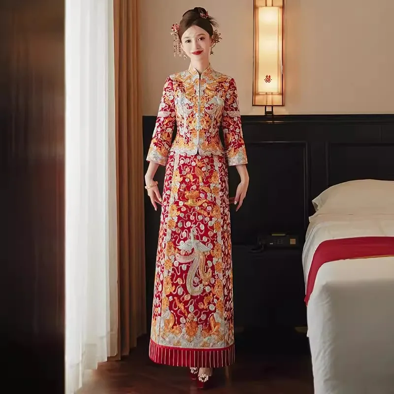 Свадебное платье в китайском стиле Cheongsam высокое качество Дракон Феникс вышивка