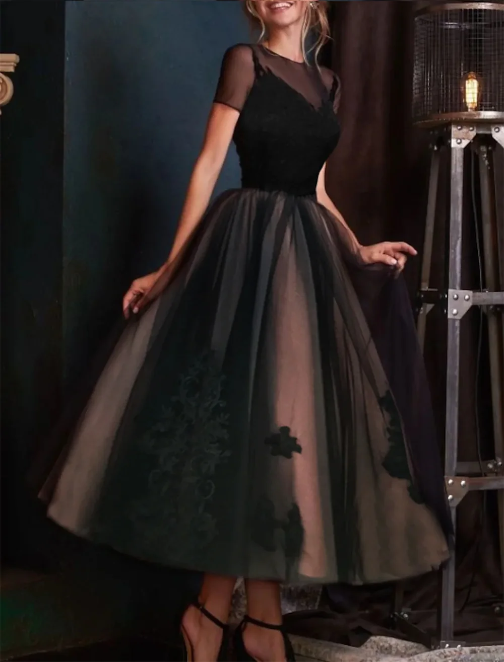 

A-Line Evening Dresses Elegant Engagement Ankle Length Short Sleeve Illusion Neck Lace with Pleats Embroidery robes de soirée