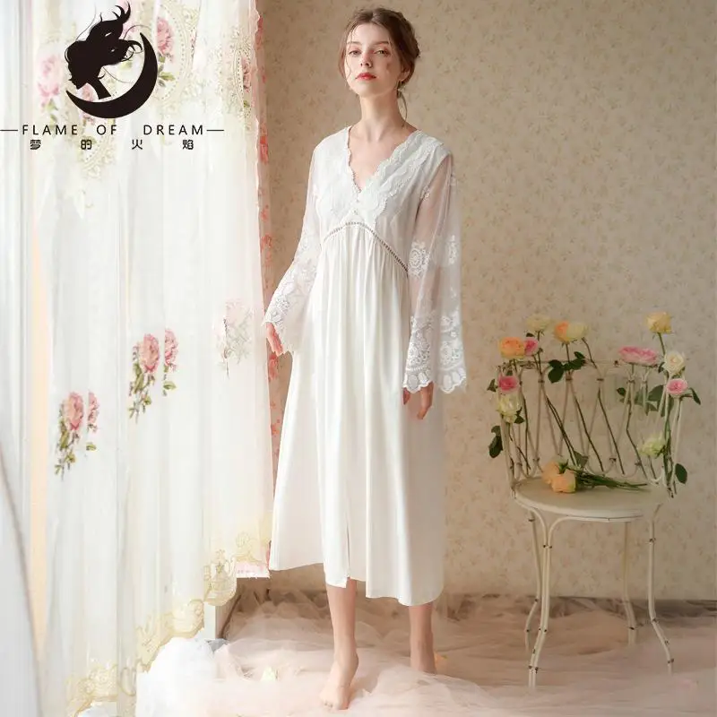 2023 New sleepwear French High-grade Lace Spring And Autumn Long Cotton Mesh Embroidery Long Sleeve V-neck Sexy Nightgown