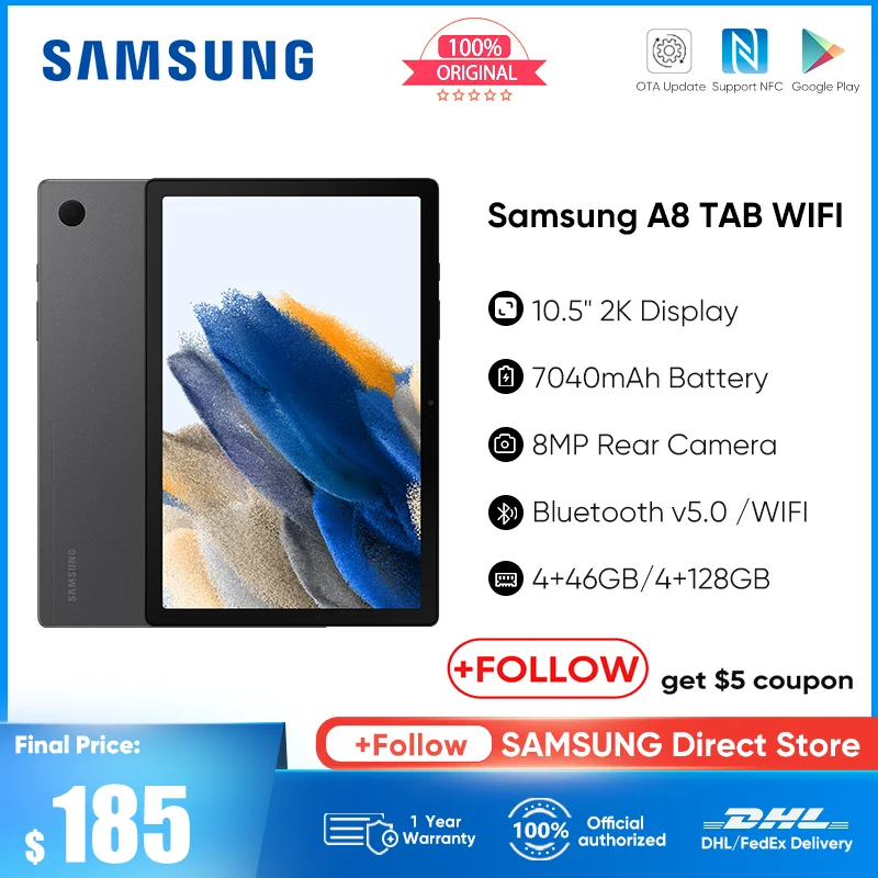 Samsung Galaxy Tab A8 Tablet 4GB 64GB Unisoc T618 Octa Core 10.5'' 2K Screen Tablet Android 7040mAh Battery 8.0 MP Camera Tablet