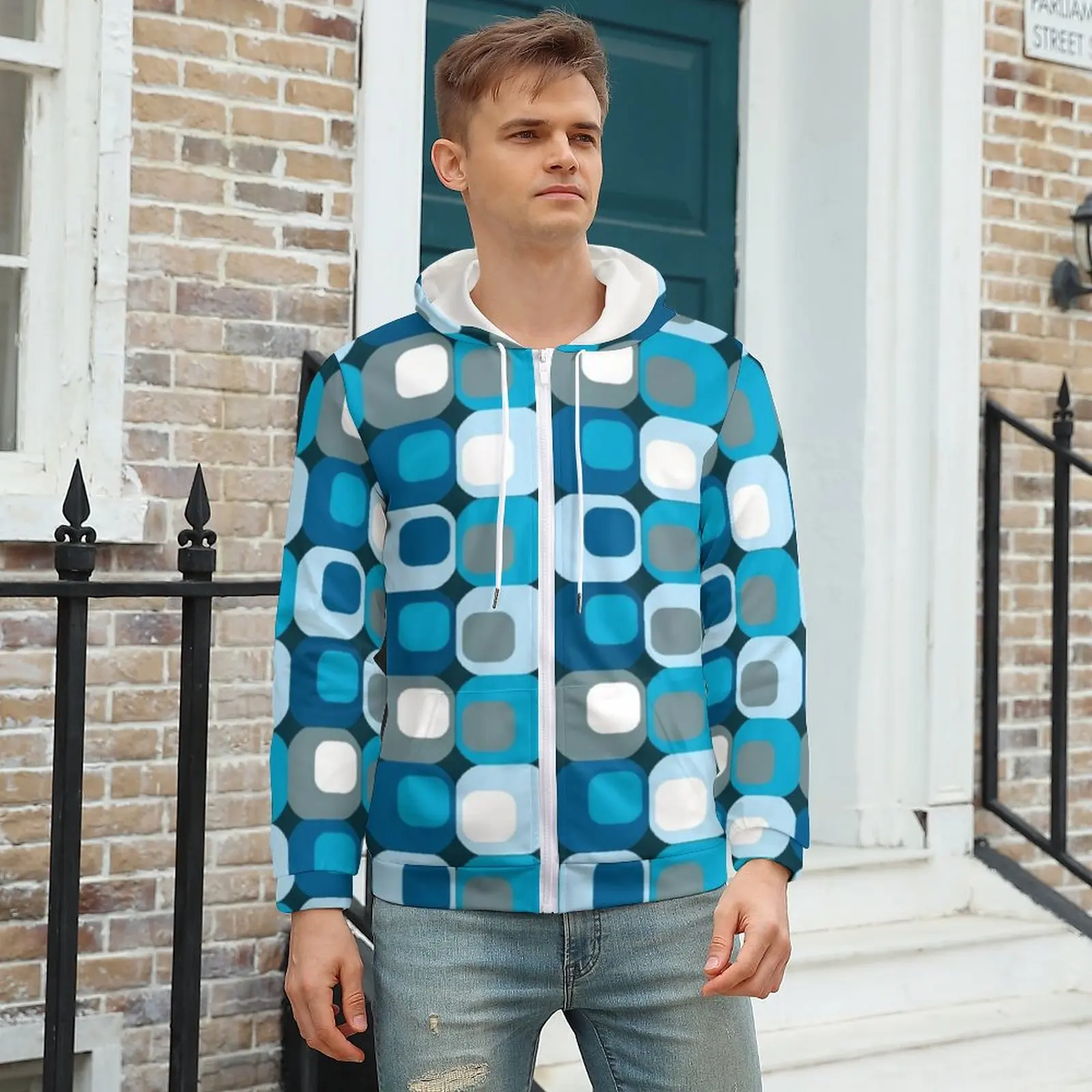 

Shades of Retro Mod Hoodie Blue Abstract For Man Autumn Hoodies Stylish Zip Up Hoodie Big Size