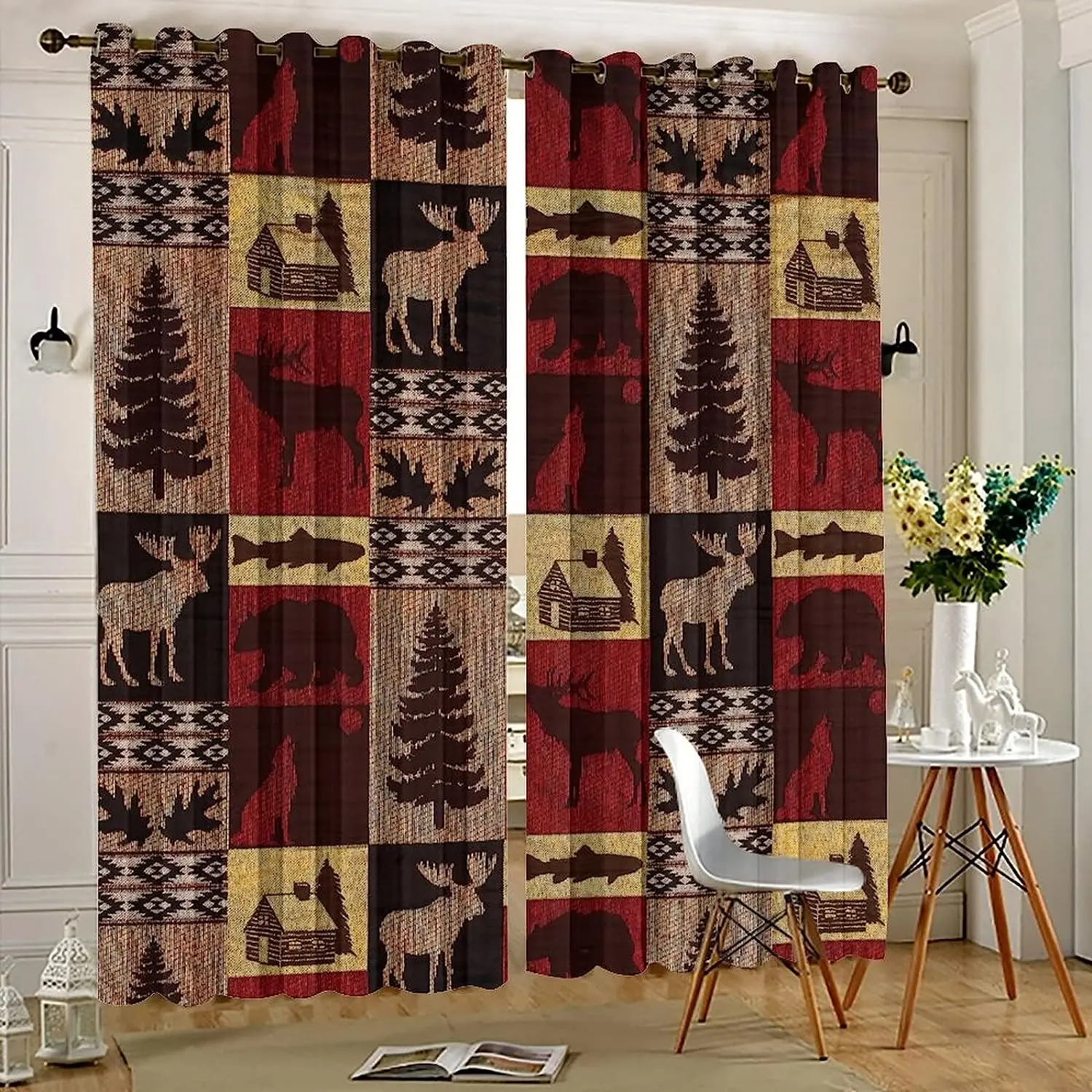 

Rustic Cabin Blackout Window Curtains for Bedroom Vintage Farmhouse Hunting Theme Moose Bear Elk Tree Drapes Grommet Bedroom