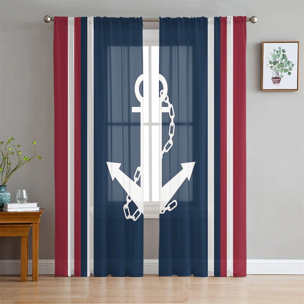 

Voile Boat Anchor Stripes Rectangle Blackout Window Curtains for Bedroom Kids Living Room Kicthen Door Home Decorative Drapes