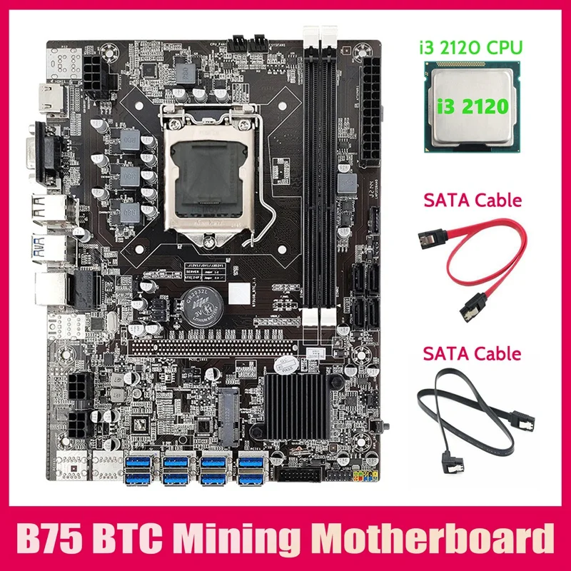 

B75 ETH Mining Motherboard 8XPCIE USB Adapter+I3 2120 CPU+2XSATA Cable LGA1155 MSATA B75 USB Miner Motherboard