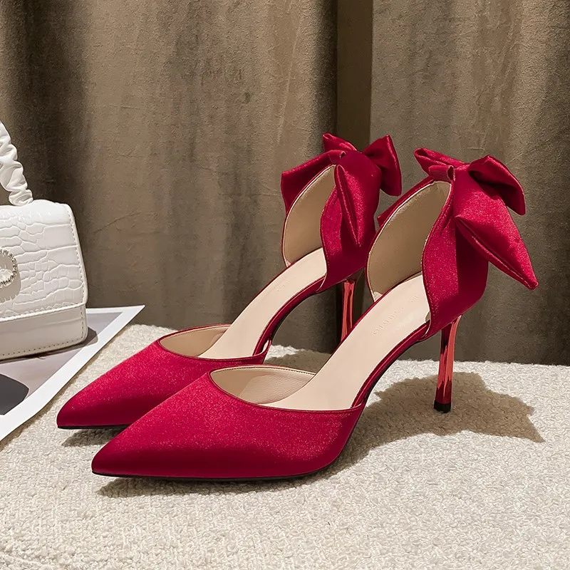 

Pumps Red High Heels Woman Spring 2022 Stiletto Shoes Elegant Medium Heel Sexy 6-8CM Bow Decoration High Quality Party Shoes