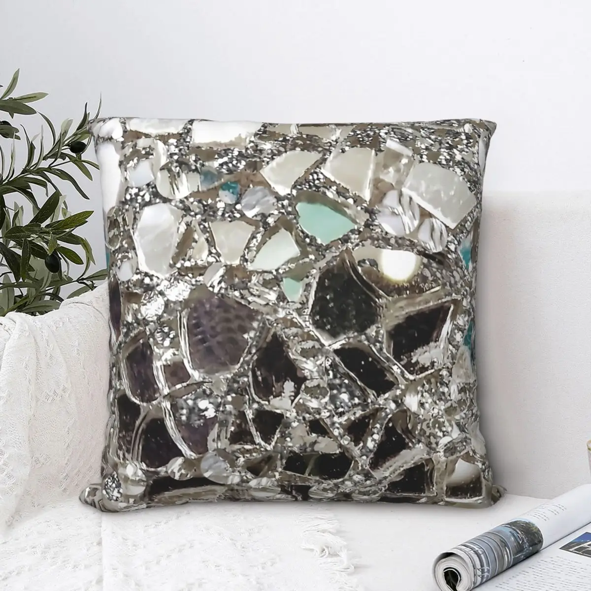 

An Image Of An Explosion Of Sparkly Silver Glitter Glass And Mirror Polyester Cushion Cover Art Soft Throw Pillowcase