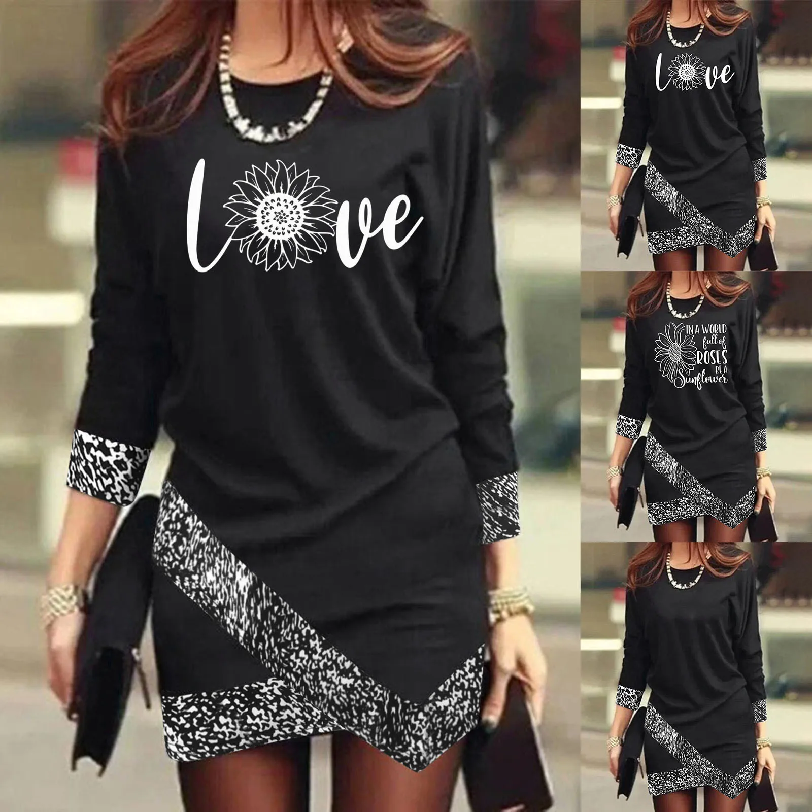

Women's Casual Printing Skirt Round Neck Long Sleeve Irregular Hem Dress Sundress Women Casual
