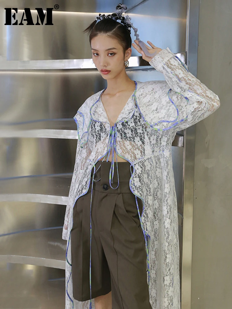 

[EAM] Women White Lace Sequins Irregular Long Blouse New V-collar Long Sleeve Loose Fit Shirt Fashion Spring Autumn 2022 1DD0249