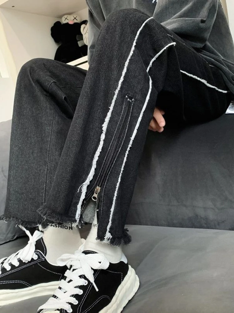 

Straight-leg Mopping Drape Jeans Men's 2022SS European American High Street Split Zipper Niche Unisex Vintage Handsome Trousers