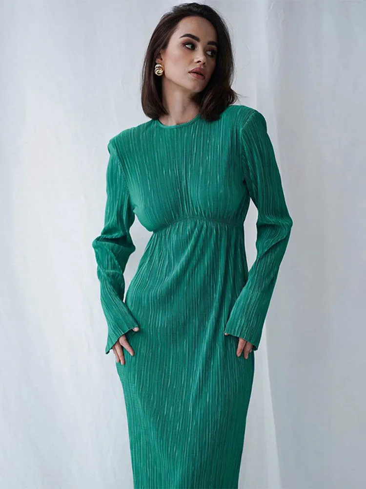 

Jastie 2022 Autumn Pleated Long Dress French Elegant Round Neck High Waist Solid Slim Dresses Backless Sexy Chic Holiday Dress