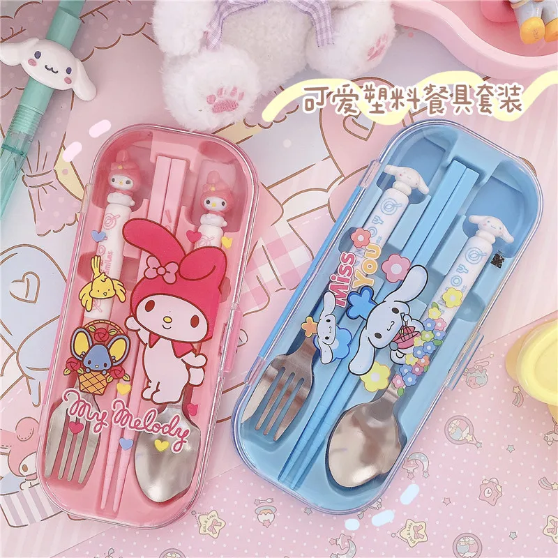 

Kawaii Kuromi My Melody Cinnamoroll Cute Cartoon Doll Stainless Steel Portable Cutlery Set Chopsticks Spoon Fork Girl Heart Gift