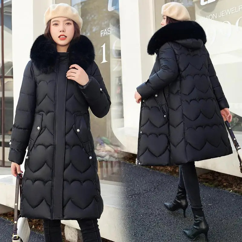2022 Autumn Winter New Women Hooded Down Jacket Long Cotton Jacket Plus Velvet Warm Cold Protection Black Coats Female Clothing