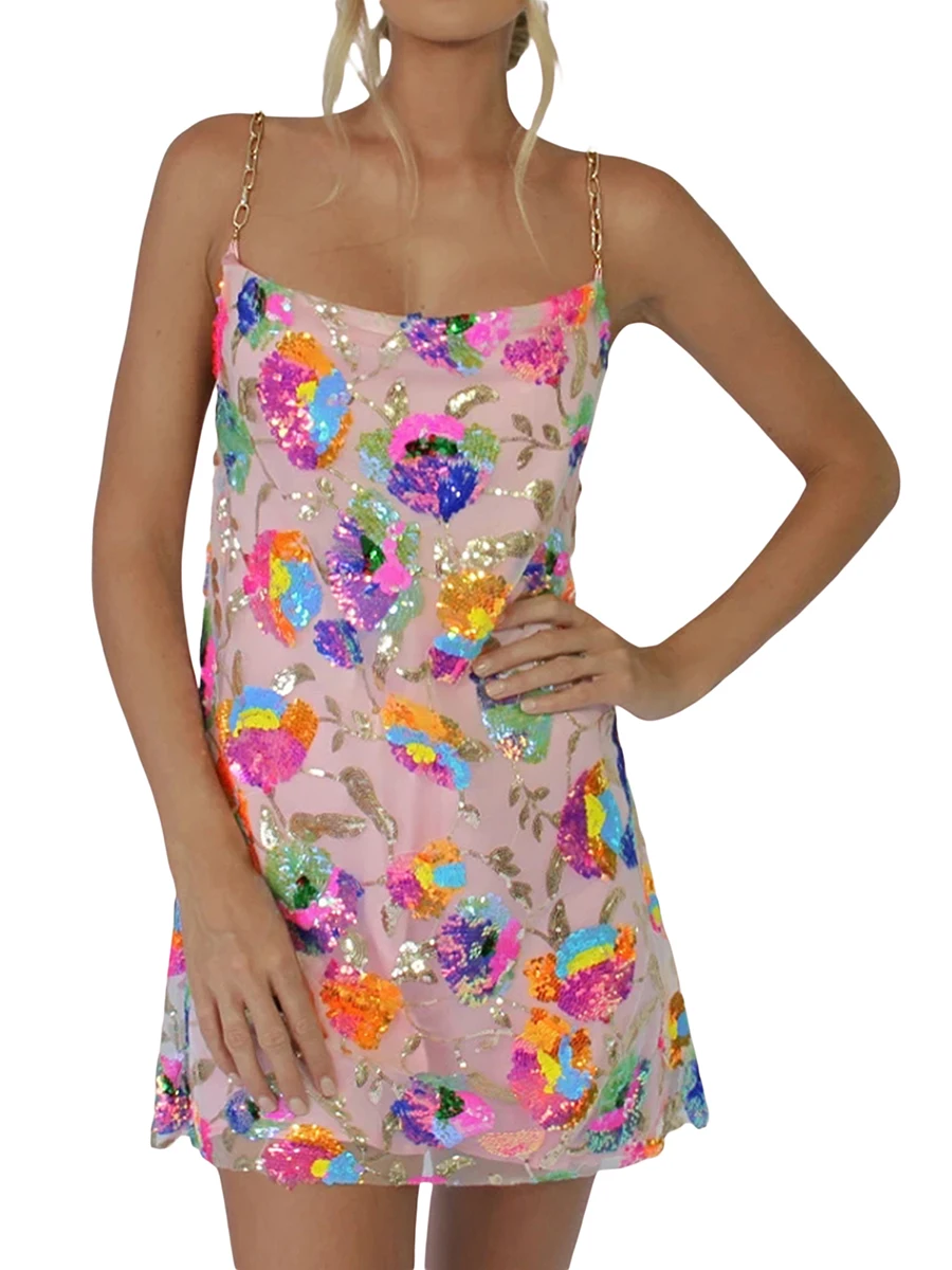 

Женское сексуальное короткое платье на бретельках с блестками, без рукавов, с открытой спиной, на бретельках, с цветочным рисунком, блестяще...