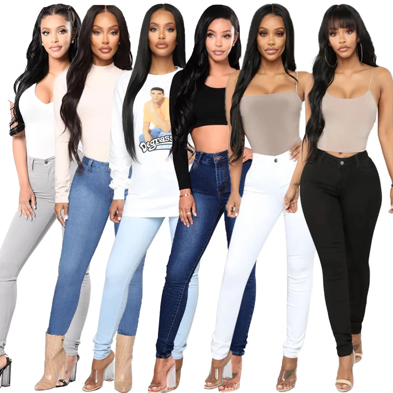 

Jeans High Waist Stretch Denim Pencil Trousers