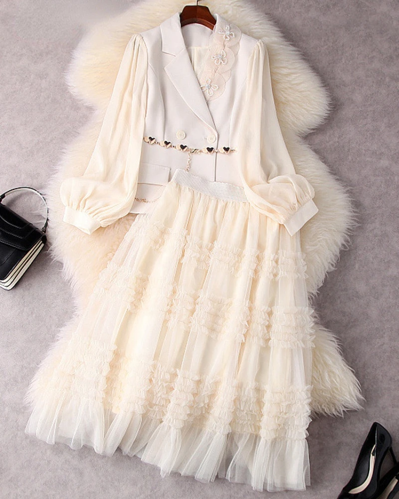 

Two Piece Womens Outfits Elegant Beading Chain Belt Top and Cake Skirt Set for Party High Quality Spring Blazer Dress Suits