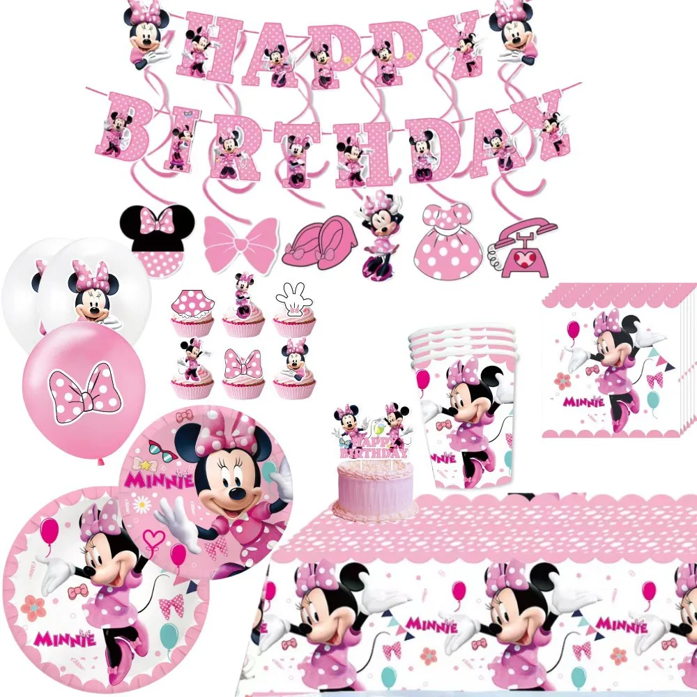 Украшение для дня рождения Минни розовая тема посуда чашки тарелки салфетки фон