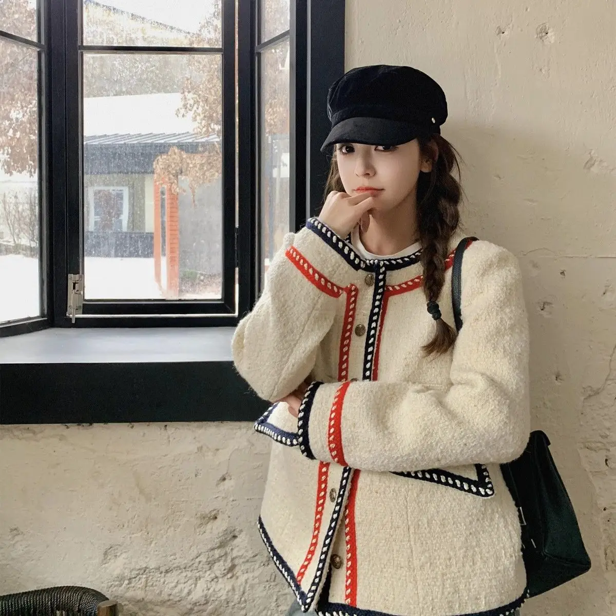 Gaganight Women Coarse Tweed Jacket 2024 Spring New Loose Temperament Retro Top Stylish Contrasting Colors Short Female