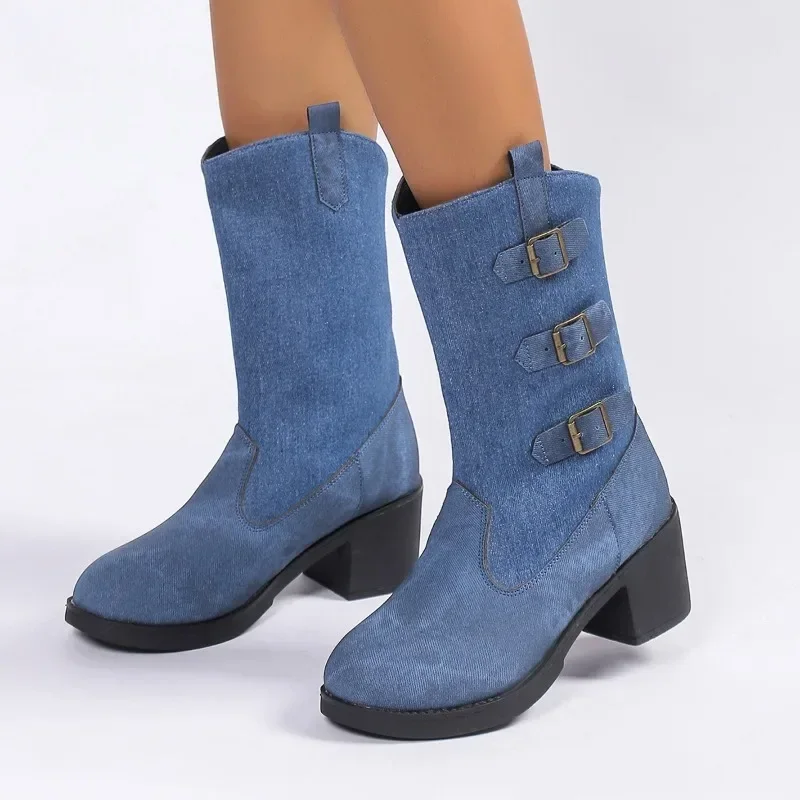

Female Shoes on Sale 2023 Autumn Winter New Blue Denim Women's Boots Comfortable Thick Heel Ladies Mid-calf Boots Botas De Mujer