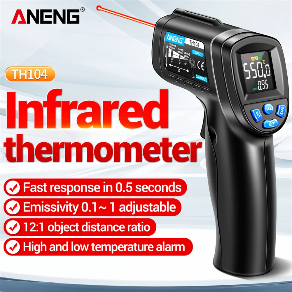 

Промышленный термометр ANENG TH104 с обратным дисплеем, Бесконтактный инфракрасный пистолет для измерения температуры, диапазон температур от-50 до 550 ℃