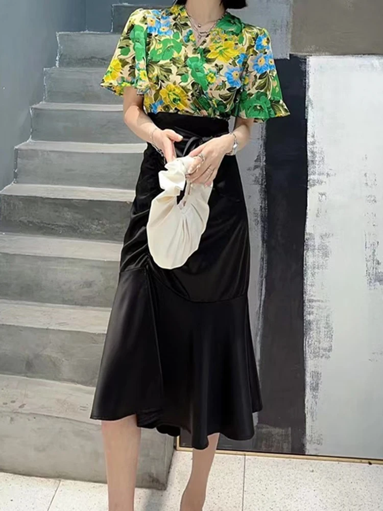 

Squirting Dress 2022 Summer New V-Neck Print Splicing Waist Pleated Fork Straps Dress Fashion Women'S Clothing