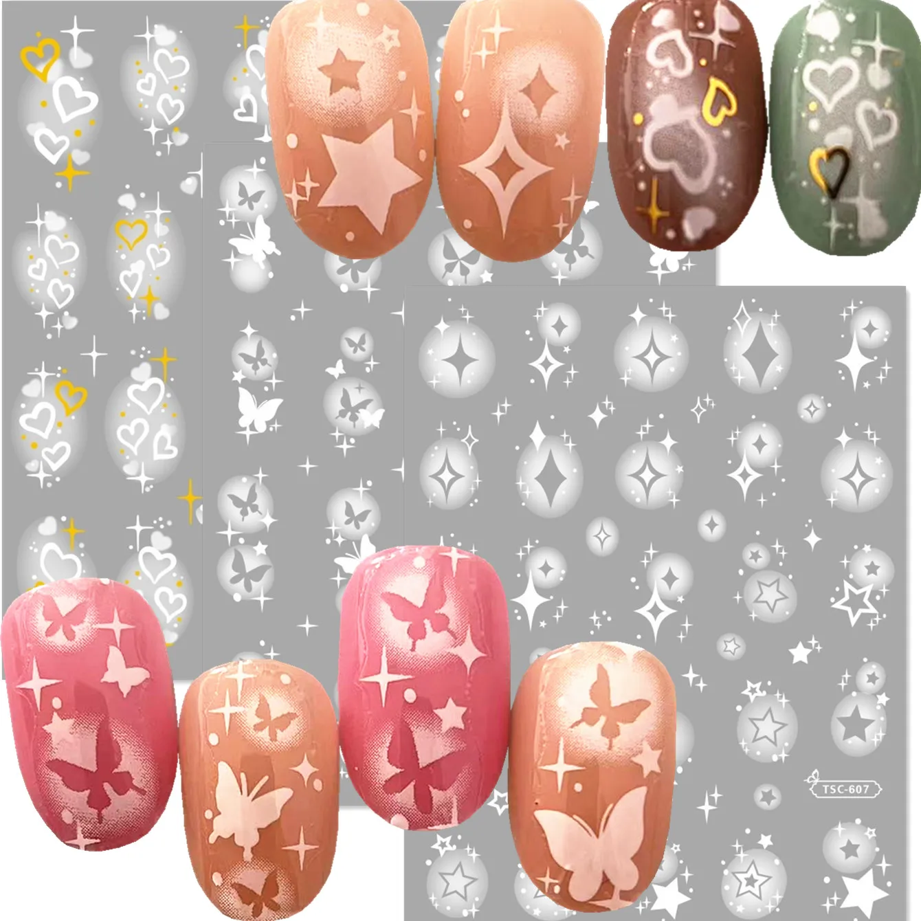 Новейшие белые звезды сердечки бабочки 3D задние клеевые наклейки слайдер сделай