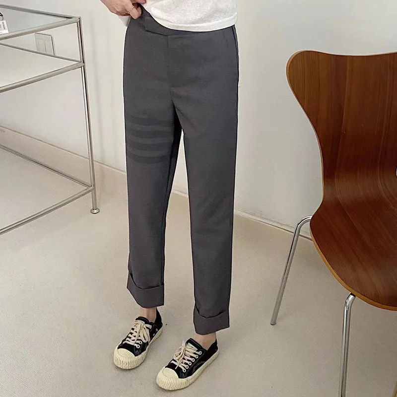 TB Thick Trousers Women's Spring and Autumn New Gray Pants Casual Trousers High Waist Thin Smoke Tube Pants Straight Suit Pants