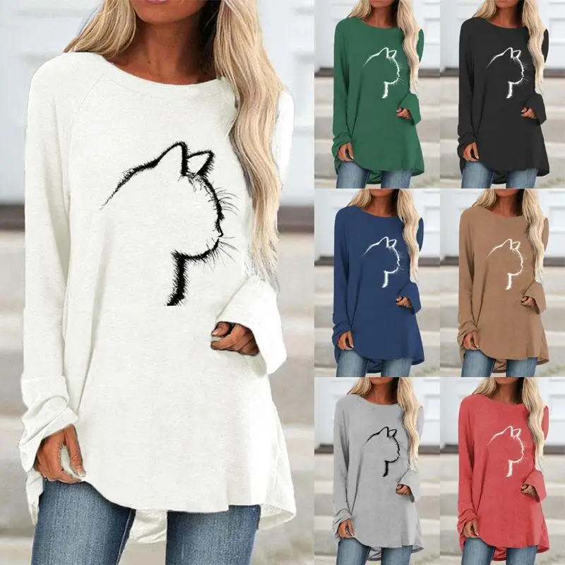 

Женская блузка с круглым вырезом, длинным рукавом и принтом кошки
