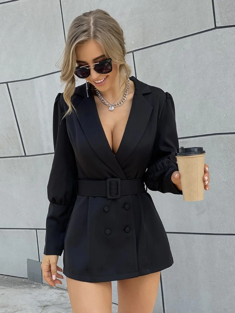 Deep V Neck Blazer with Free Belt Women Solid Colors Mid Length Casual Commute Blazer Suit Office Lady All Match Formal Clothes