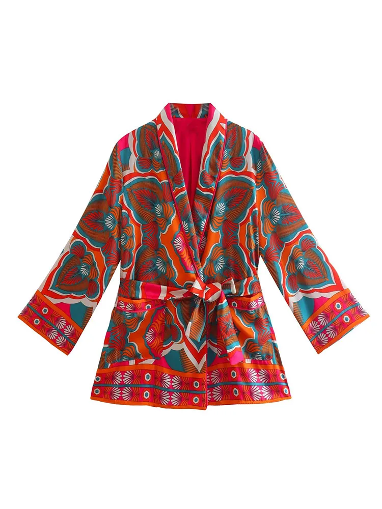 

PB&ZA 7930204 Women 2022 Autumn New Fashion Matching Belt Print Kimono Style Coat Vintage Female Outerwear Overshirt 7930/204