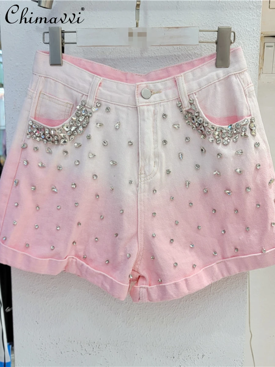 

Модные Универсальные градиентные джинсовые шорты для женщин, Новинка лета 2022, милые стройнящие широкие брюки Стразы с высокой талией для же...