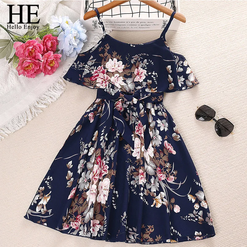 

Children's girl summer casual dress Suspender plant floral print Girl Princess off-shoulder Short sleeve party gift dress