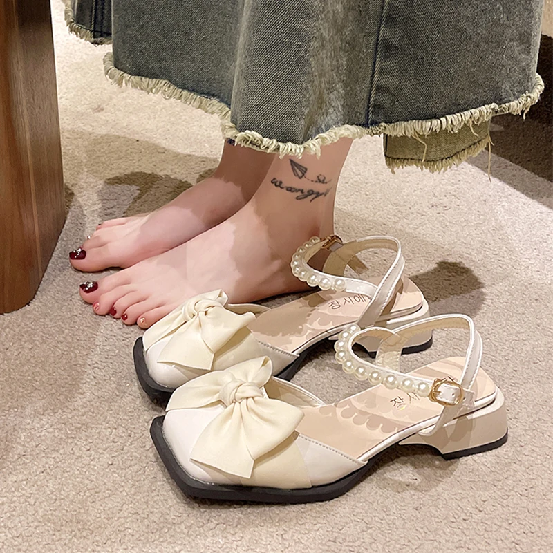 

Comfort Shoes for Women 2023 Sandals Summer Heels Med Mary Jane Anti-Skid Suit Female Beige New Bow Retro Closed Girls Medium Fa