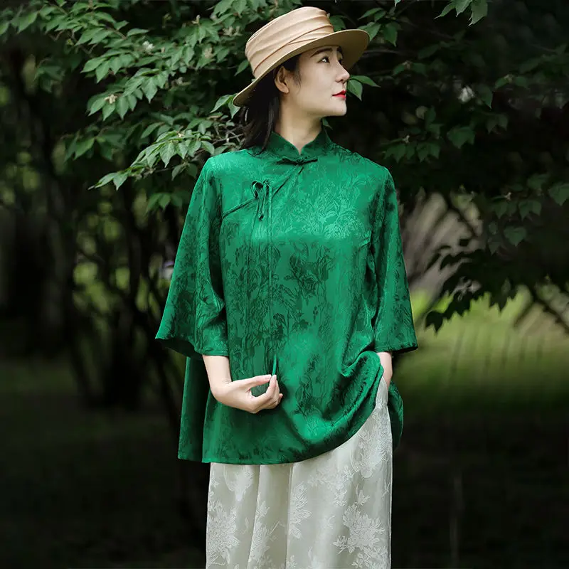 

Chinese Traditional Blouse Oriental Vintage Green Hanfu Shirt Women Casual Daily Cheongsam Qipao Blouse Tangsuits Top