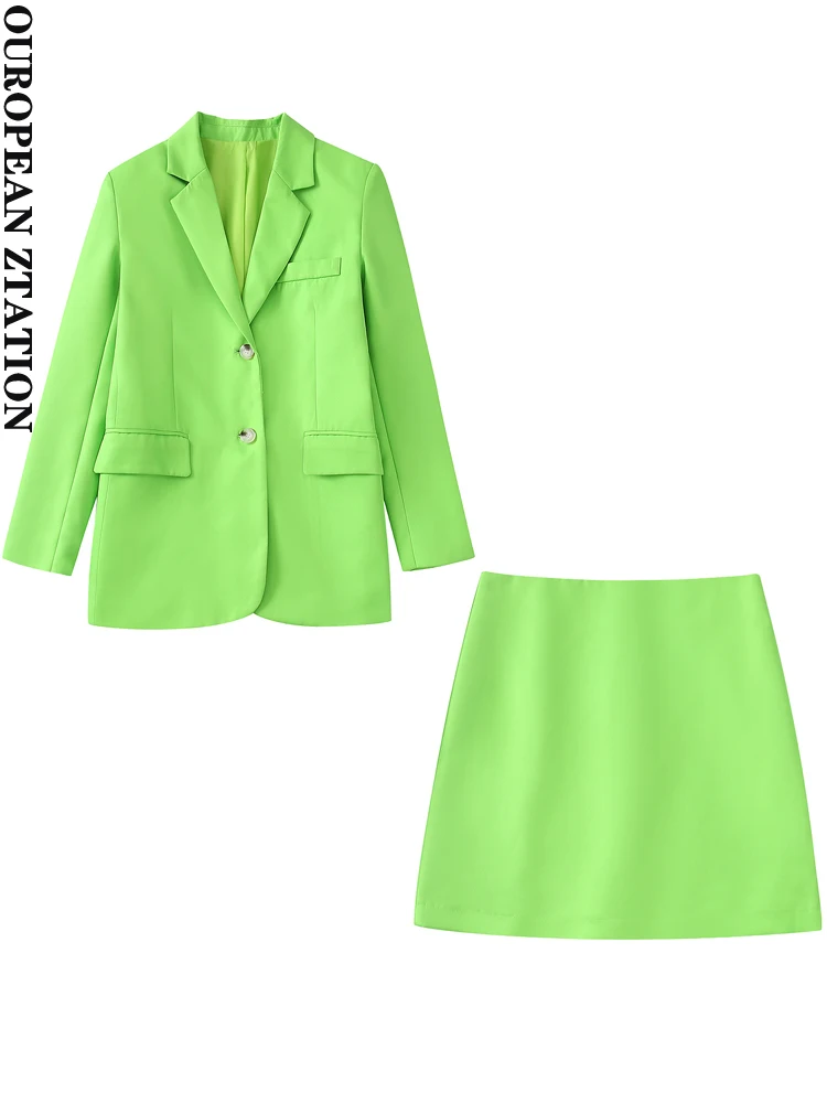 

PAILETE Women 2022 fashion front button flap pockets straight blazer coat or high-waist mini skirt two pieces sets mujer