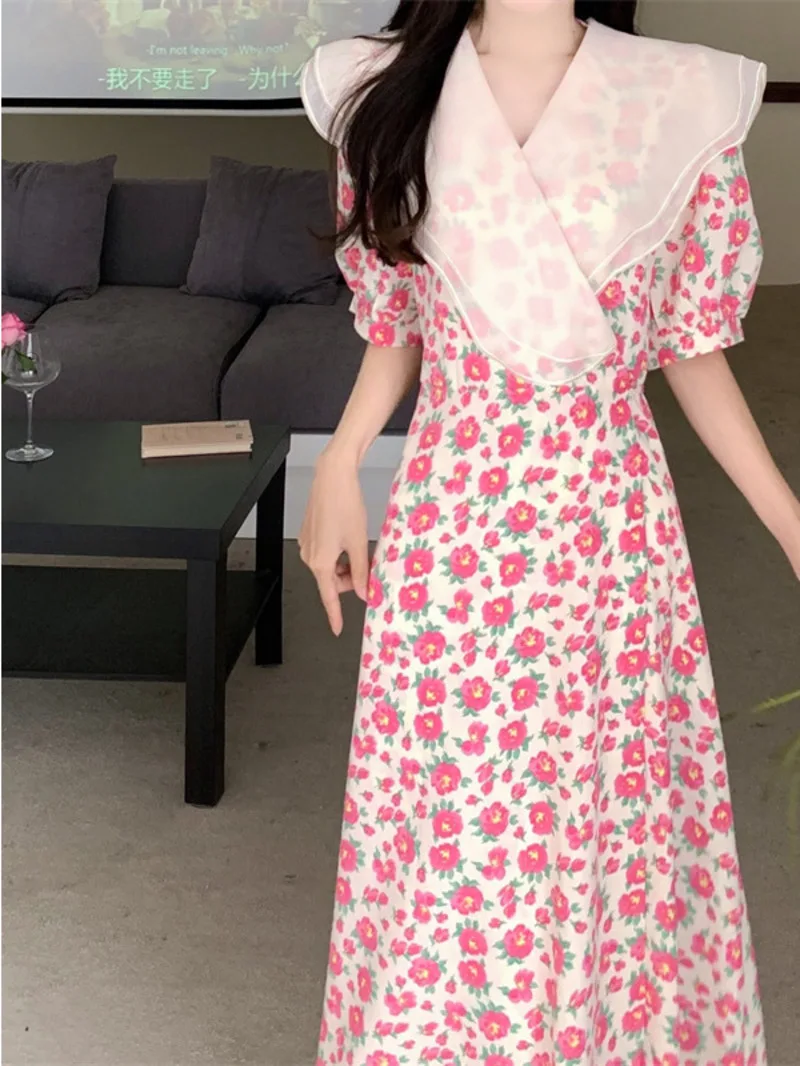 Платье женское длинное летнее кремово-желтое с цветами и тонкой талией