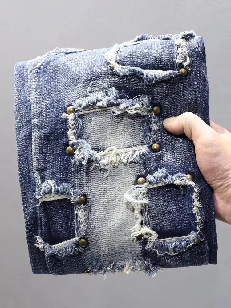 Four Seasons Metal Nailed Jeans for Men's Casual Slim Fit Cotton Elastic Scratched Holes Long Pencil Pants Tight High Street  24