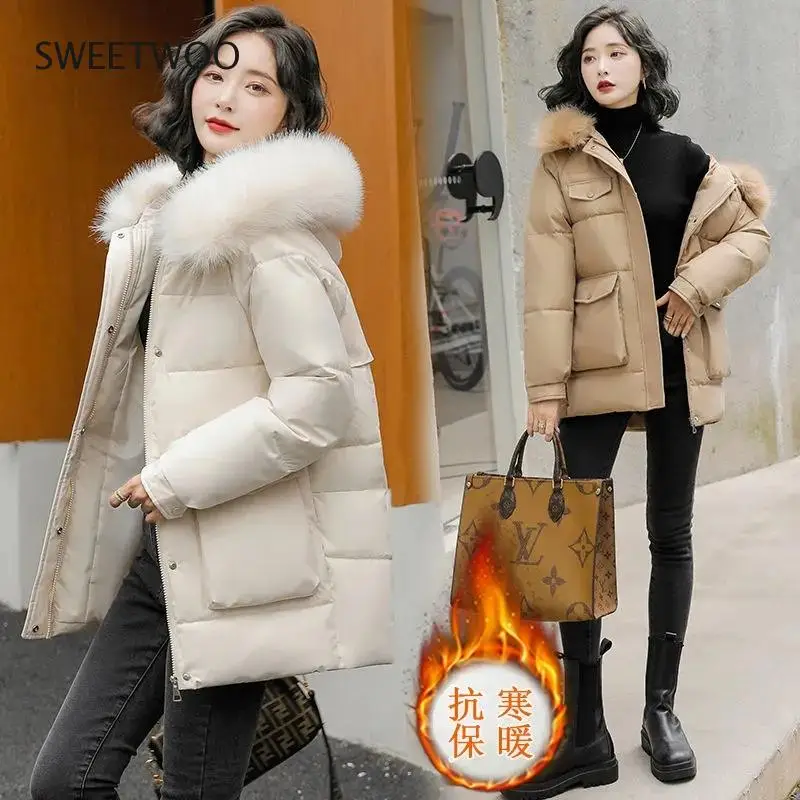 2021 New Winter Jacket Women's Parkas Big Fur Collar Overcoat Casual Long Coat Cotton Padded Parka Warm Female Jackets Outwear
