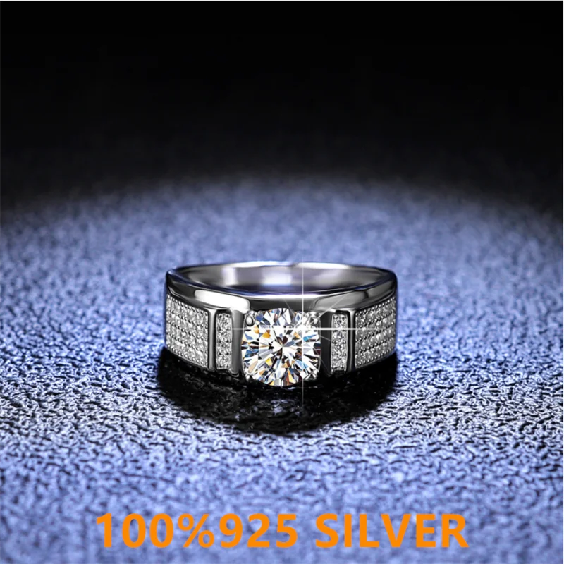 

925 indelible Sterling Silver Men's ring D color Mossan diamond 1 carat four claw ring wedding engagement jewelry fashion