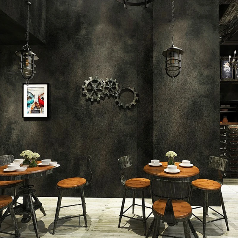 

Black retro vinyl concrete wall effect wallpaper retro plain color PVC wallpaper bedroom living room background decoration