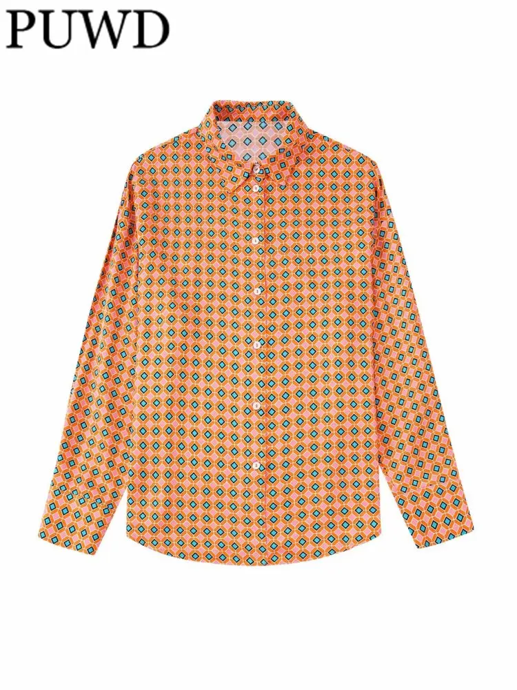 

Женские Оранжевые рубашки PUWD с геометрическим принтом 2022 осень/зима винтажные женские блузки с длинным рукавом на пуговицах Блузки Топы