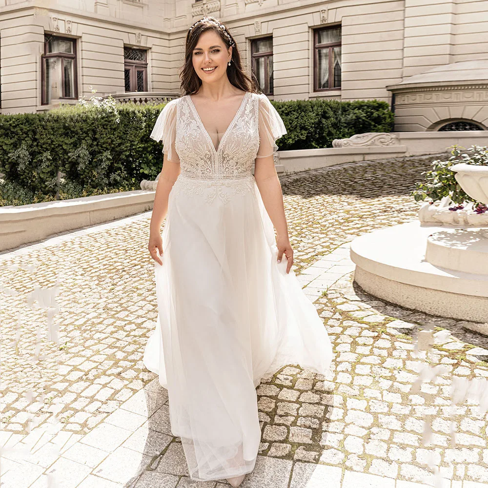 

Pastrol Wedding Dresses For Women Flare Sleeves Zipper V-Neck Bride Gowns Lace Applique A-Line Sweep Train Vestido De Novia
