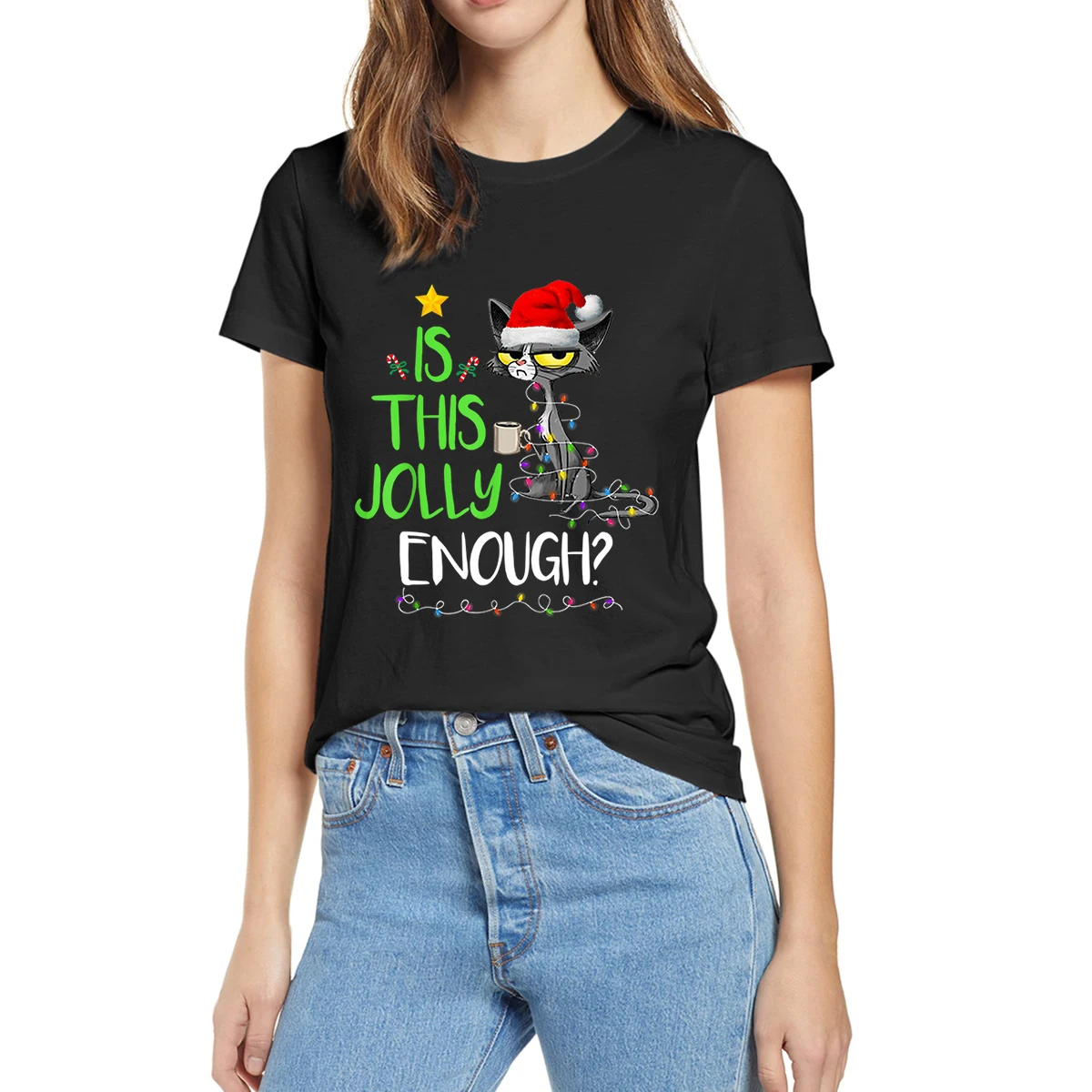 

100% Cotton Is This Jolly Enough Black Cat Merry Christmas Tree Lights Summer Women Casual Novelty Oversized T-Shirt Unisex Tee