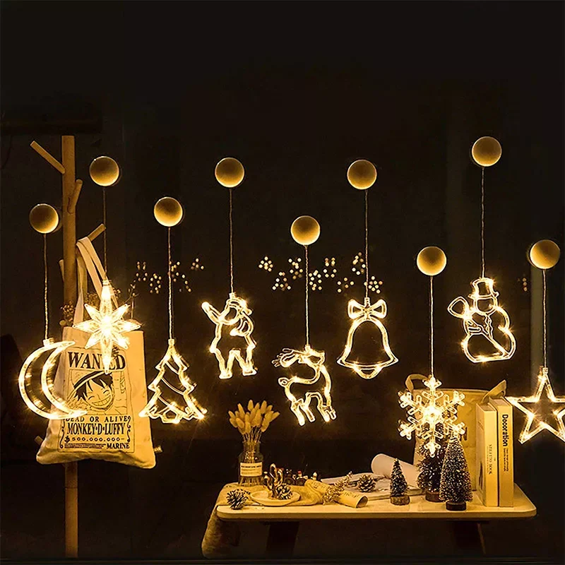 

Christmas Sucker Lamp LED Lights Bell Snowman Star Holiday Window Decoration Battery Powered Hanging Lamp for Home Decor