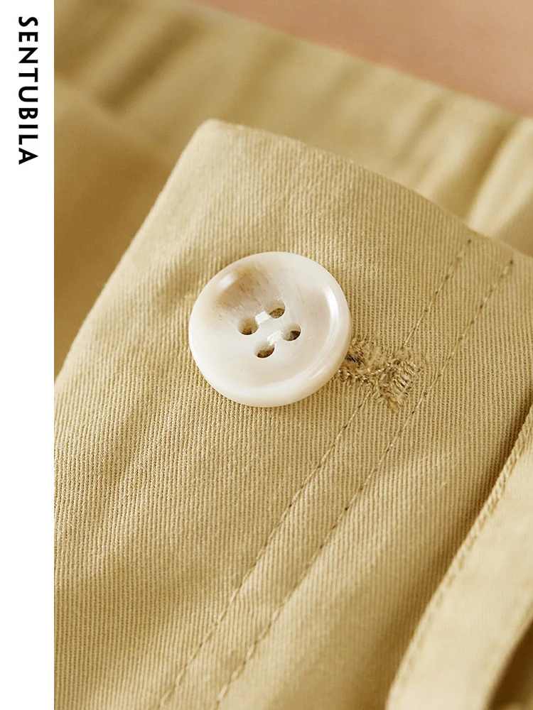 Sentubila 100% Cotton Khaki Summer Shorts Pants for Women 2023 Fashion Office Lady Elastic High Waist Straight Wide Leg Pant