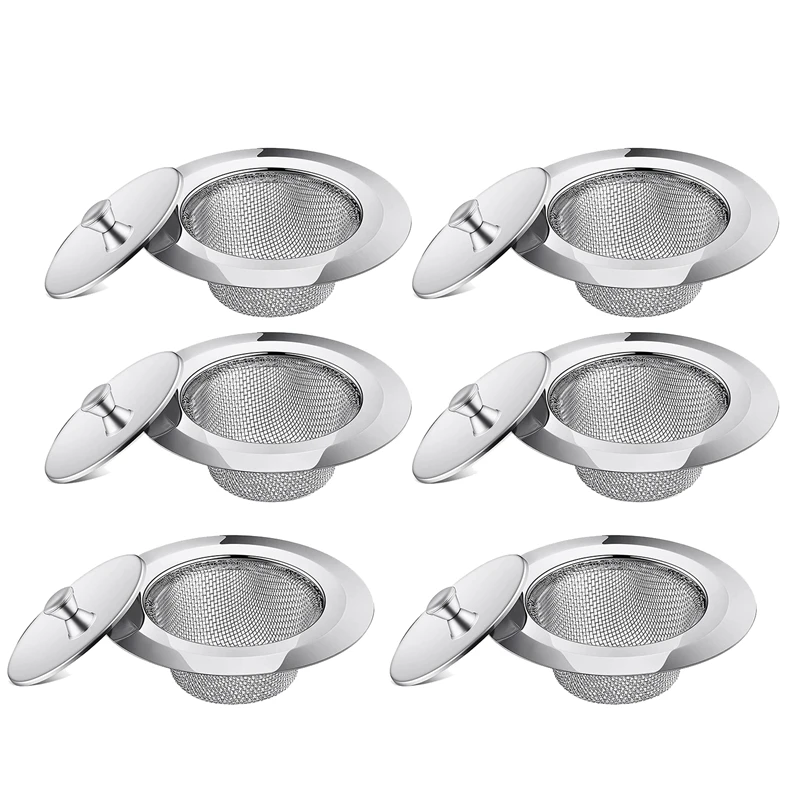 

6 Pcs Kitchen Sink Drain Strainers,Stainless Steel Drain Filter with Lid, Anti Clogging Mesh Drain Strainer