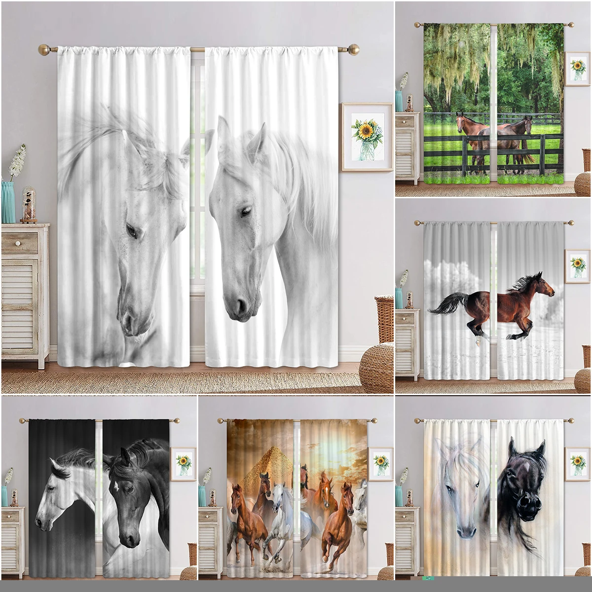 

Оконные шторы CortinasWill с двойной лошадью, черно-белые, 3D цифровая печать, для спальни, гостиной, оконные шторы, 2 панели