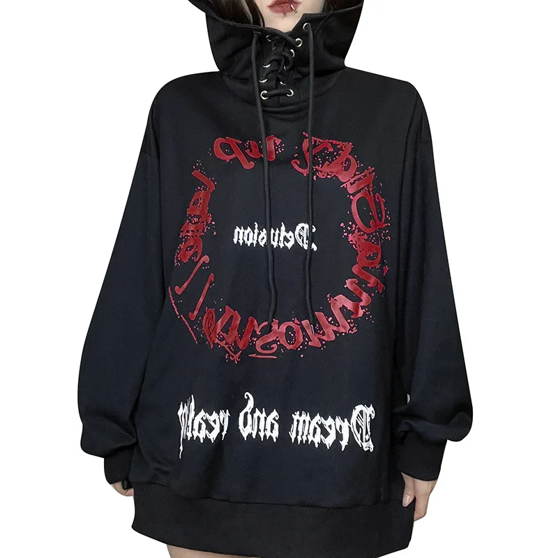 Gothic Punk Hoodie Street Emo Dark Style Woman Loose Harajuku Alphabet Print Pullover Sweatshirt Turtleneck Strappy Fashion Top images - 6