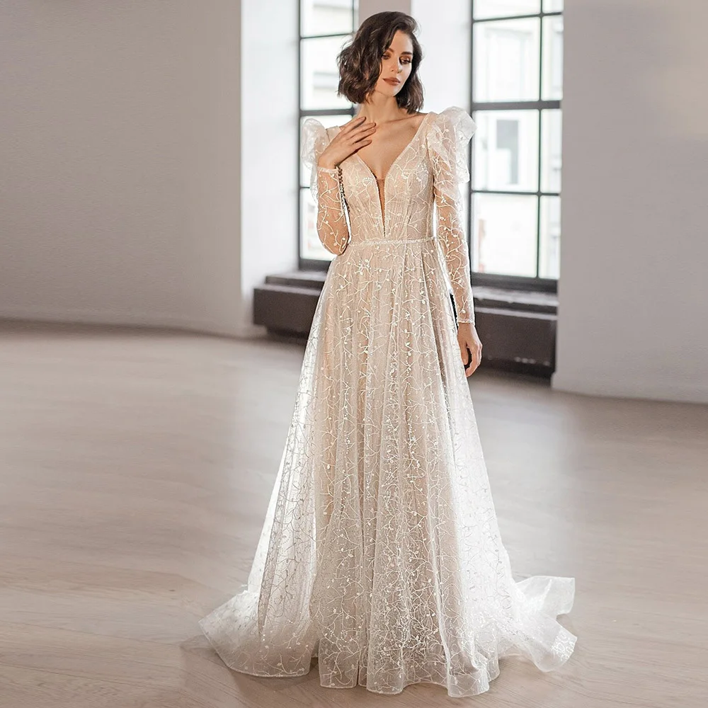

Romantic Light Champagne Wedding Dress Puff Sleeves Floor Length Bride Gown Sleeves Double V Neck Customize 2022 Vsetido Noche