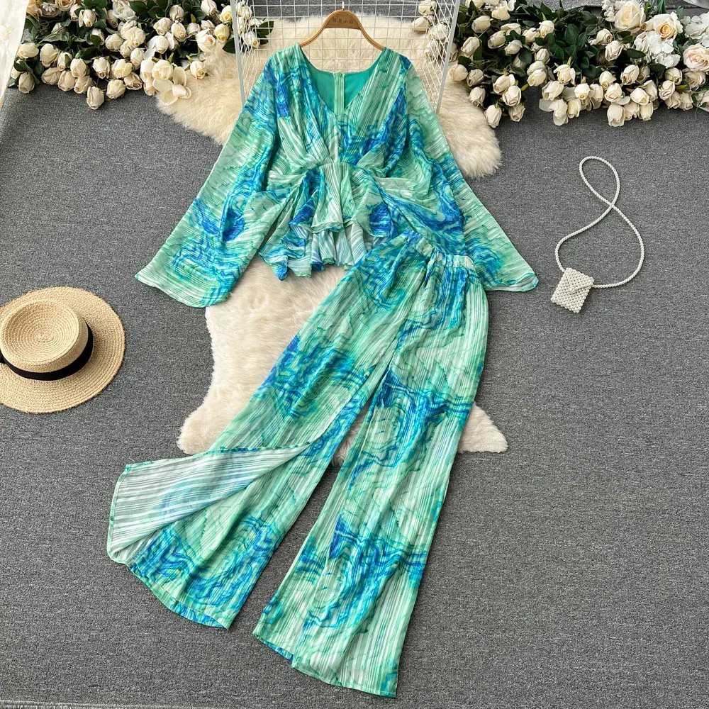 

Vintage Two Piece Sets Womens Outifits Pleated V Neck Skinny Blouses High Waist Wide Leg Pants Tie Dye Woman Sets Dropshipping