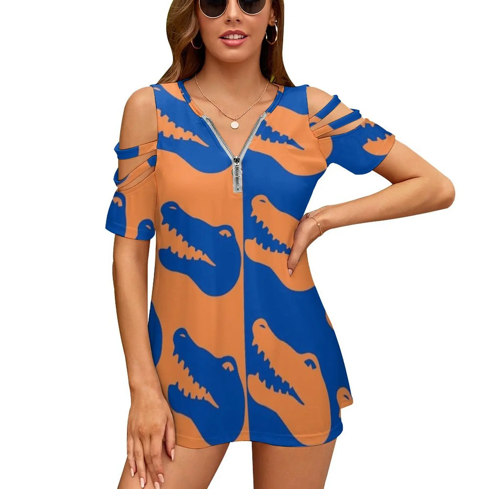 Orange And Blue Gator Patter Women Zipper Sexy Printed Vintage T Shirts Tops Full Print T-Shirt Uf Gator University Of Florida